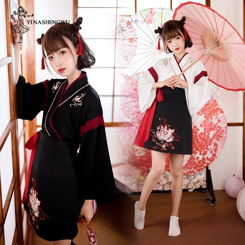 Top Trends: Japanese Dress Kimono Woman Black White Cat Embroidery Skirts Vintage Asian Clothing Yukata Haori Cosplay Party 2 Pieces Sets Shoppable Styles