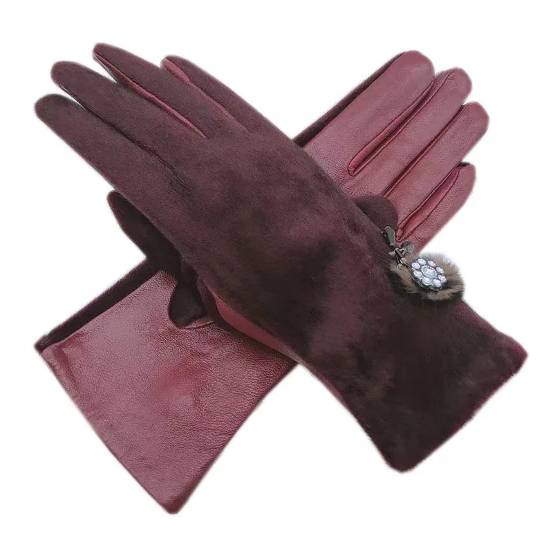 Top Trends: Gloves Winter Ladies Wrist Fashion Sheepskin Gloves Wine Red New Warm Women's Leather AB Version Wool Lining Imitation Sea Lion Shoppable Styles - Image 3