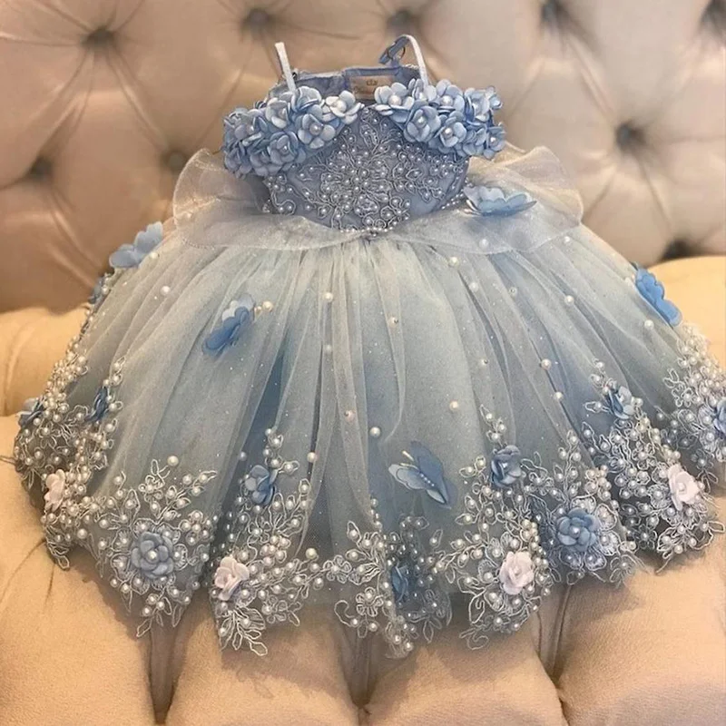 Top Trends: Light Sky Blue Pearls Flower Girl Dresses For Wedding Party Ball Gowns Floor Length Tulle First Communion Dress Shoppable Styles