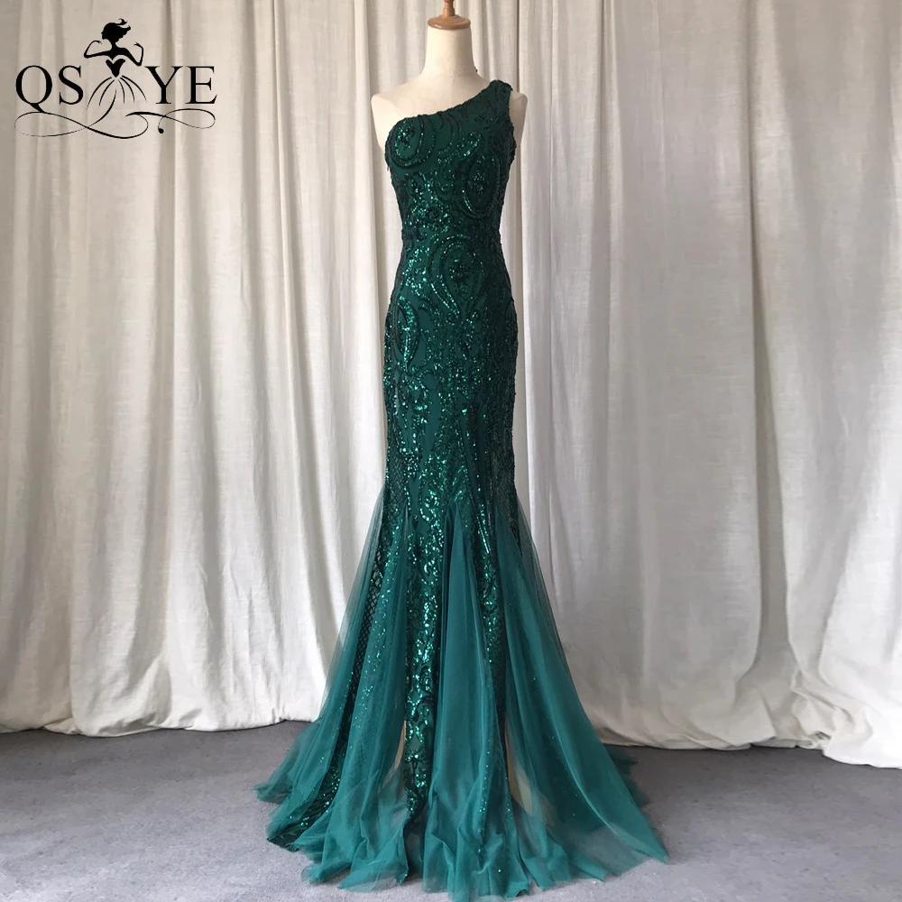 Top Trends: One Shoulder Emerald Evening Dresses Green Sequined Long Mermaid Prom Gown Glitter Elegant Party Dress Pattern Lace Formal Dress Shoppable Styles