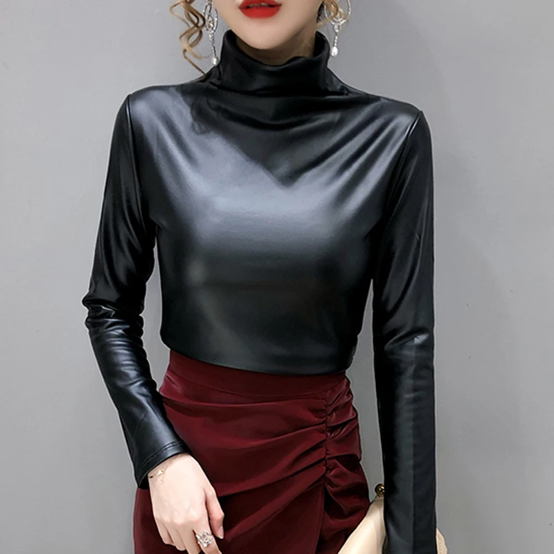 Top Trends: Shintimes Turtleneck Soft PU Leather T Shirt Women Long Sleeve Tee 2022 Winter Warm Tshirts Womens Clothing Camisetas De Mujer Shoppable Styles