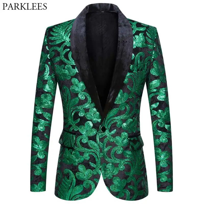 Top Trends: Shiny Green Floral Sequin Tuxedo Blazers Men One Button Shawl Collar Dress Suit Jacket Party Dinner Wedding Prom Singer Costume Shoppable Styles