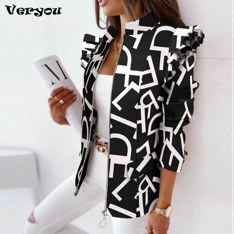 Top Trends: 2023 Elegant Stand Collar Office Lady Blazer Coat Women Plaid Print Zipper Tops Jacket Spring Autumn Long Sleeve Ruffle Cardigan Shoppable Styles