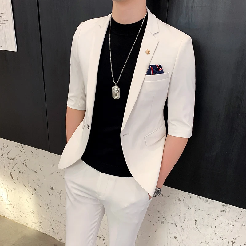 Top Trends: (Jackt+ Pant) 2023 Men Suits Half Sleeve Spring Summer Slim British Short Sleeve Blazer Coat Trend Male Designer Tuxedo 2 Pcs Set Shoppable Styles