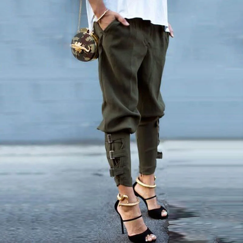 Top Trends: Fashion Women Metal Buttons Harlem Pants Solid Black Army Green Loose Elastic Pocket Cargo Pants Hip Pop Trousers Streetwear Shoppable Styles