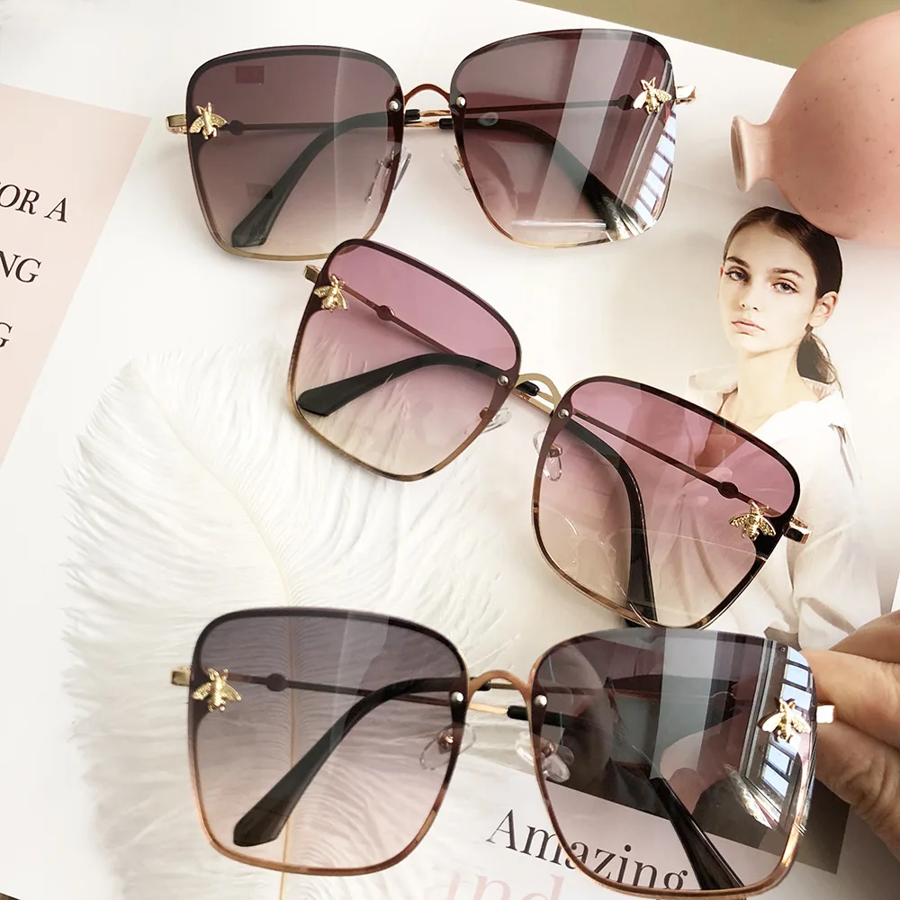 Top Trends: 2023 New Fashion Lady Oversize Rimless Square Bee Sunglasses Women Men Small Bee Glasses Gradient Sun Glasses Female UV400 Shoppable Styles