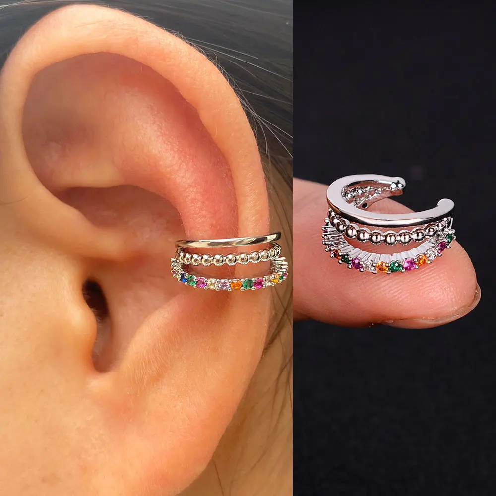 Top Trends: 1Pc Hollow Geometry Rainbow CZ Cuff Wrap Clip On Earrings Women Girls Climber Ear Cartilage Bone Clips Fake Earring Non Piercing Shoppable Styles