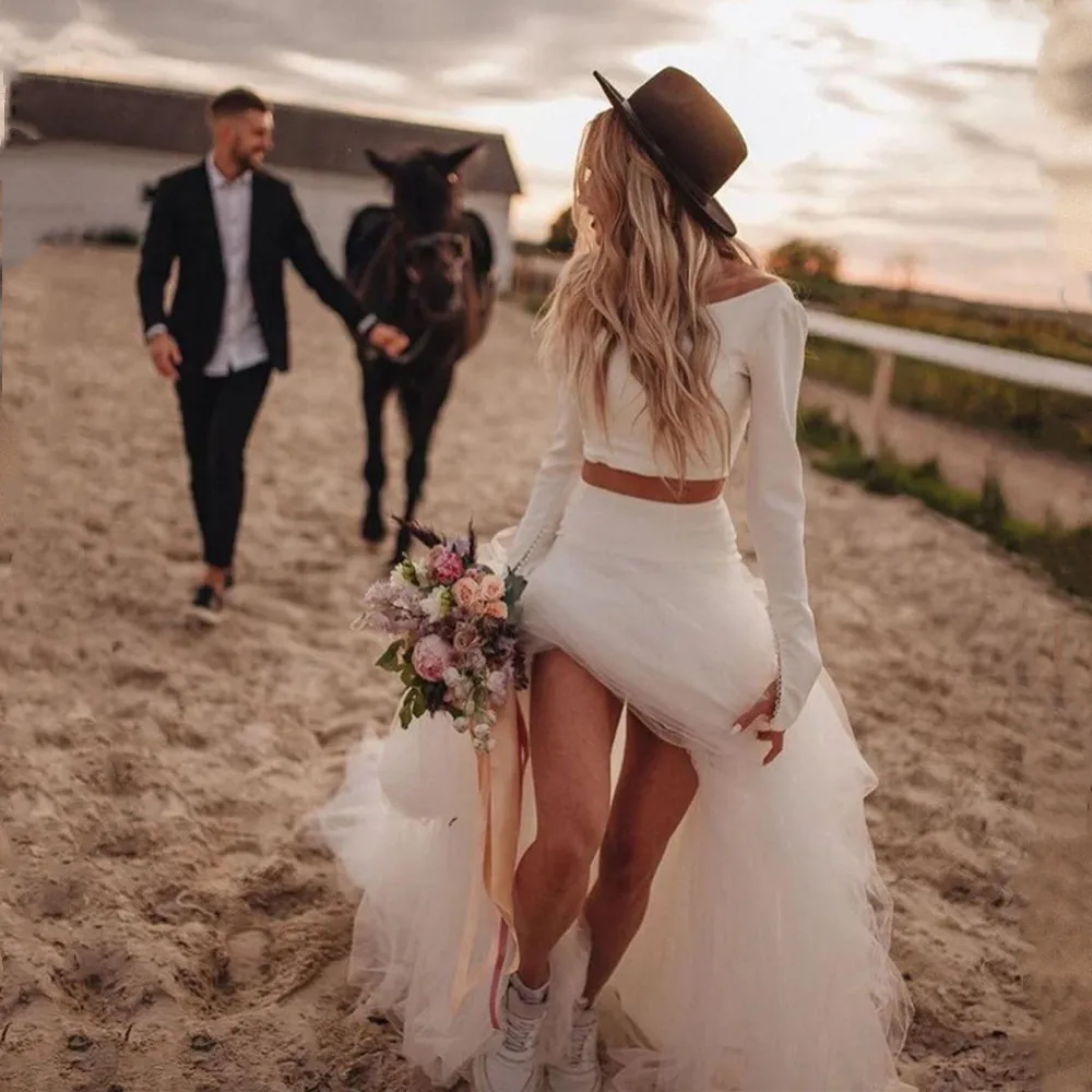 Top Trends: Country Two Pieces Wedding Dresses Mermaid Simple Tulle Long Sleeve Bridal Gown Vintage Beach Bride Dresses White Ivory Custom Shoppable Styles - Image 4