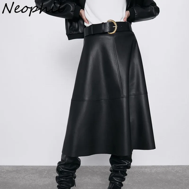 Top Trends: Neophil Vintage Women PU Faux Leather Midi Skirts Latex Jupe Longue Winter Fashion A-Line High Waist Black Belt Long Skirt S9730 Shoppable Styles