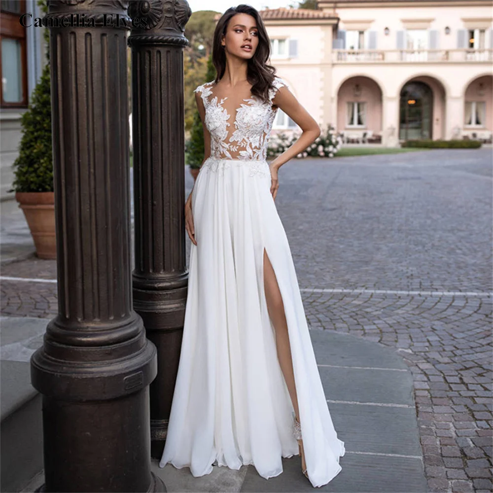 Top Trends: Sexy Chiffon A-line Wedding Dresses 2023 For Women Bride Dress Simple V-neck Cap Sleeve Appliques Bridal Gowns Vestidos De Novia Shoppable Styles