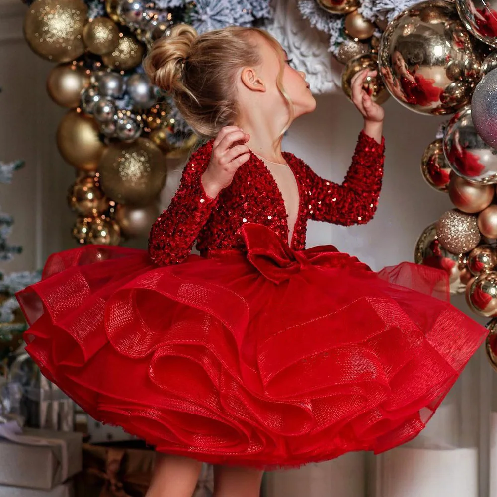 Top Trends: Kids Pageant Dresses Sequin Tutu Flower Girl Dress Long Sleeves Sparkling Ruffles Tulle Girl's Birthday Gowns Big Bow Shoppable Styles