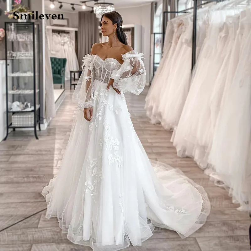 Top Trends: Smileven 3D Lace Wedding Dress With Detachable Puff Sleeve 2022 A Line Sweetheart Bridal Gowns Appliqued Lace Wedding Gowns Shoppable Styles