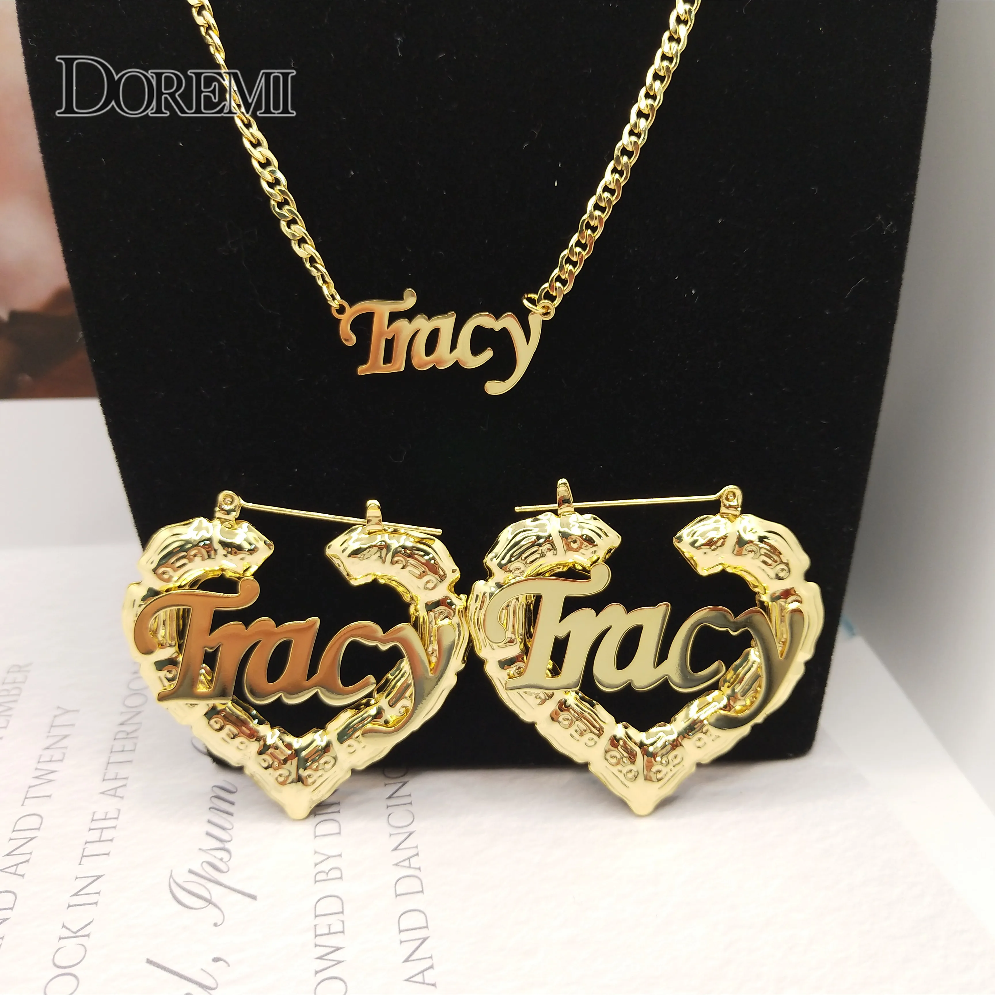 Top Trends: DOREMI Name Earrings And Necklace Set Heart Bamboo Earrings 3MM Cuban Chain Custom Bamboo HoopLetter Personalised Name Earrings Shoppable Styles