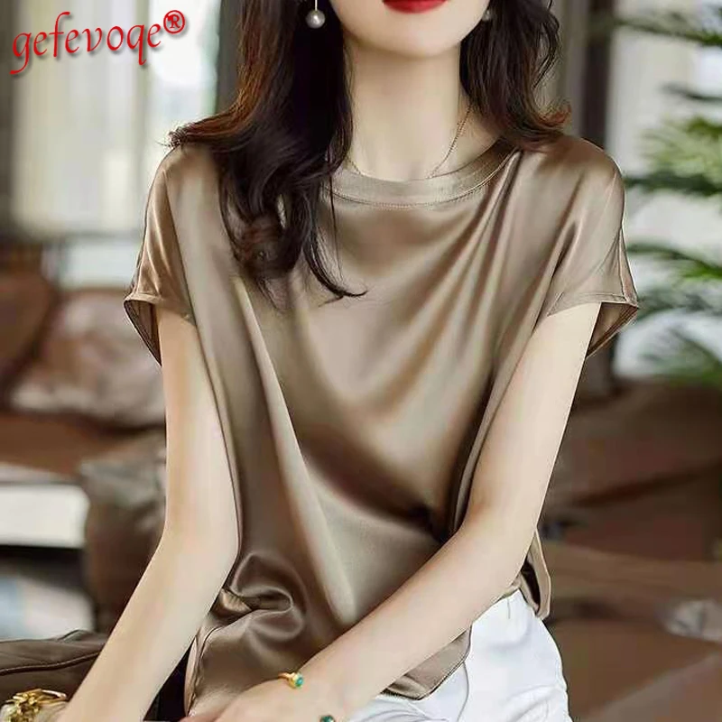 Top Trends: Satin Thin Blouses 2021 Women Summer Fashion Clothing Elegant Solid Office Lady Tops Short Sleeve O Neck Basic Tees T-shirt Shoppable Styles