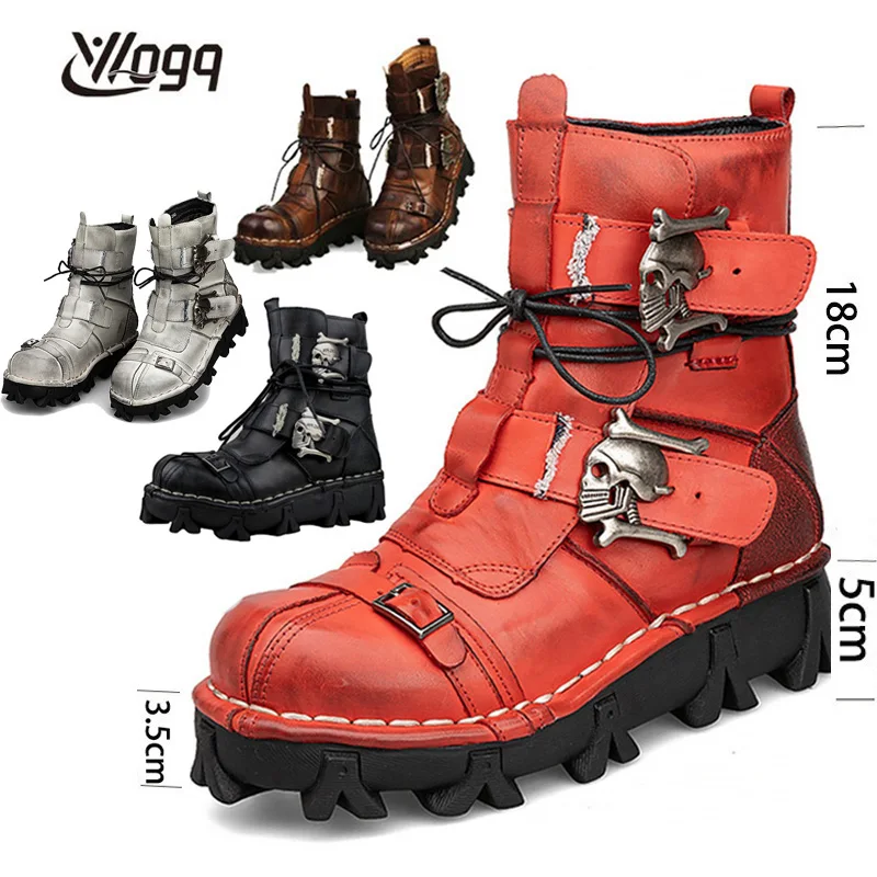 Top Trends: Men Genuine Leather Motorcycle Boots Military Boot Gothic Skull Punk Boots Ankle Fashion Western Boots Man Tactical Boot Botas50 Shoppable Styles