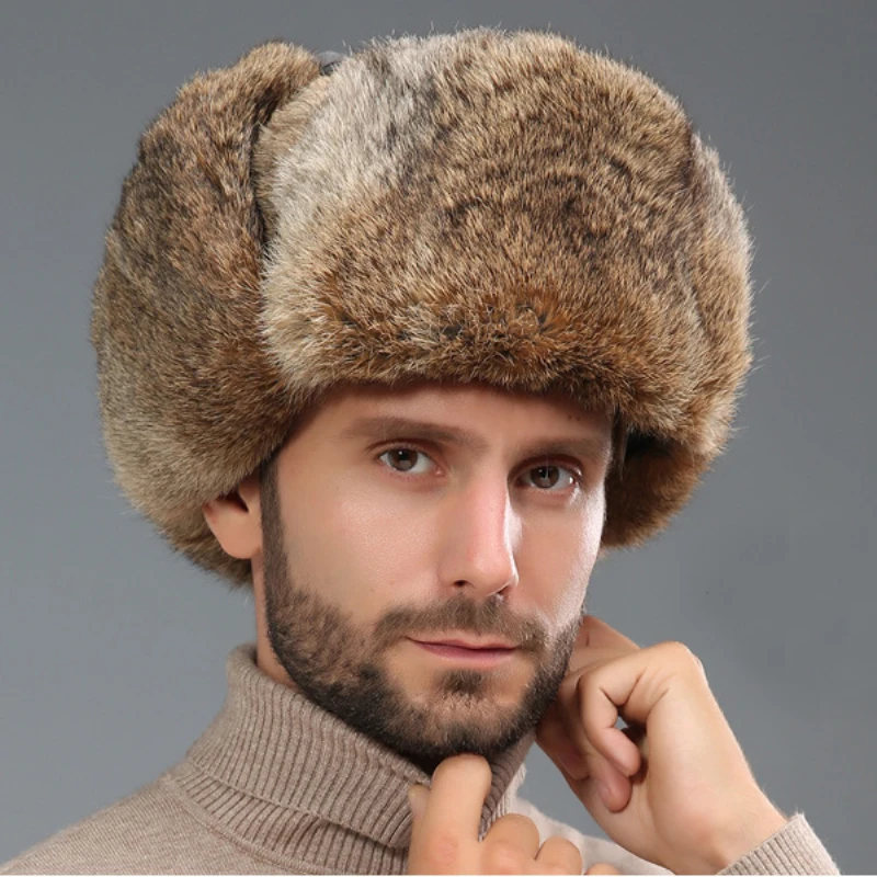 Top Trends: HT3262 Thick Warm Bomber Hat Men Real Rabbit Fur Earflap Trapper Russian Cap Male Plus Size Winter Hats For Men Ski Russian Hat Shoppable Styles