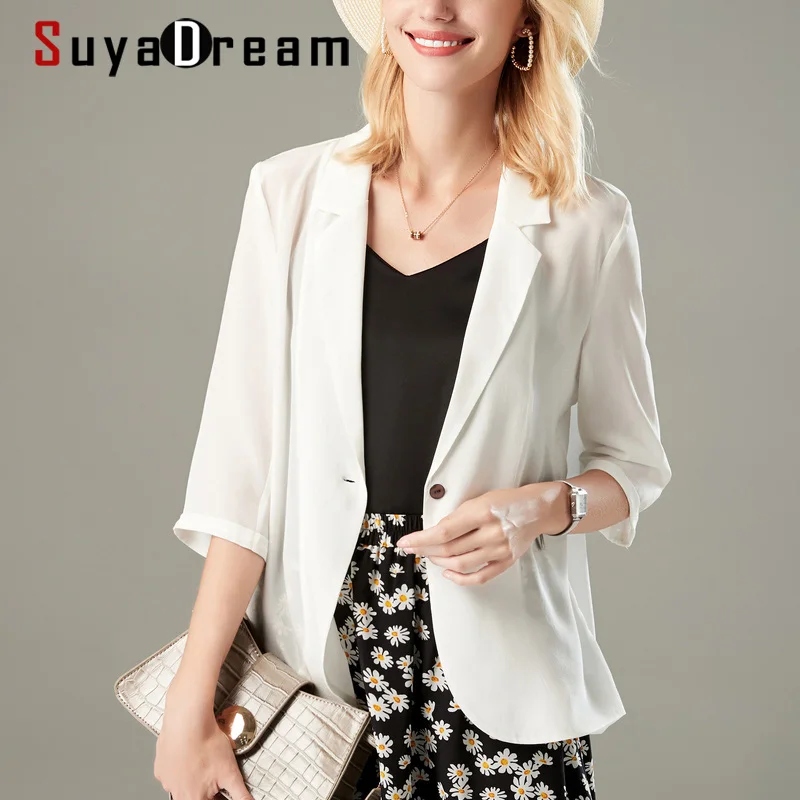 Top Trends: SuyaDream Women Silk Blazers 100% Silk Single Button 3 / 4 Sleeved Solid Black Office Lady Blazers 2022 Spring Summer New Shoppable Styles