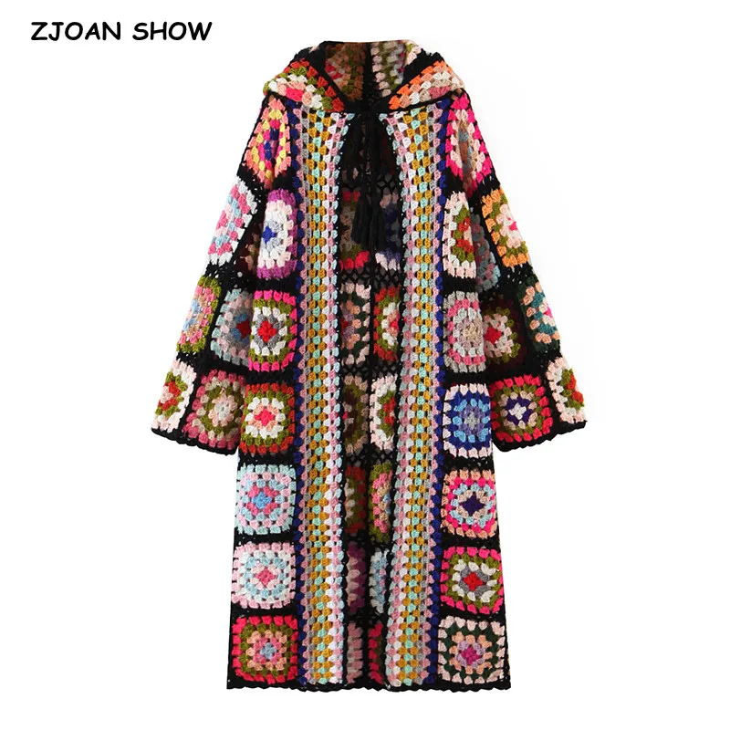 Top Trends: 2021 Bohemia Colored Plaid Flower Hand Crochet Hooded Cardigan Ethnic Woman Bandage Lacing Up Midi Long Sweater Beach Jumper Shoppable Styles