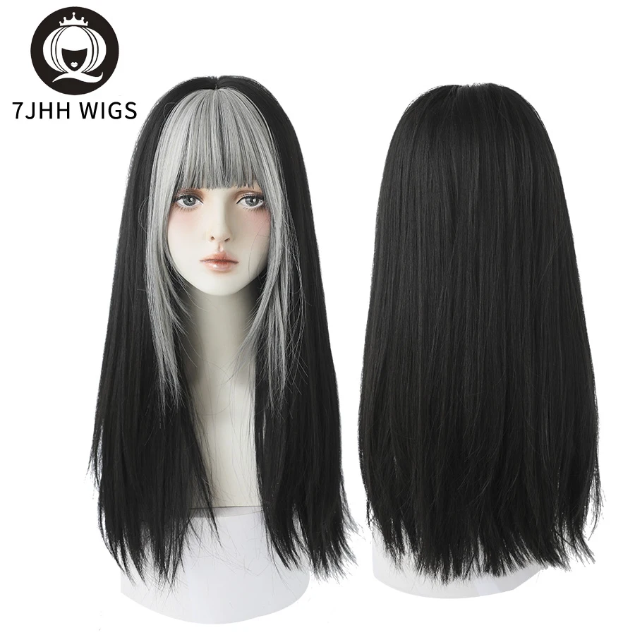 Top Trends: 7JHH WIGS Highlighted Grey Black Kinky Straight Synthetic Wigs With Fluffy Bangs For Women Daily Wear Toupee Heat-Resistant Hair Shoppable Styles