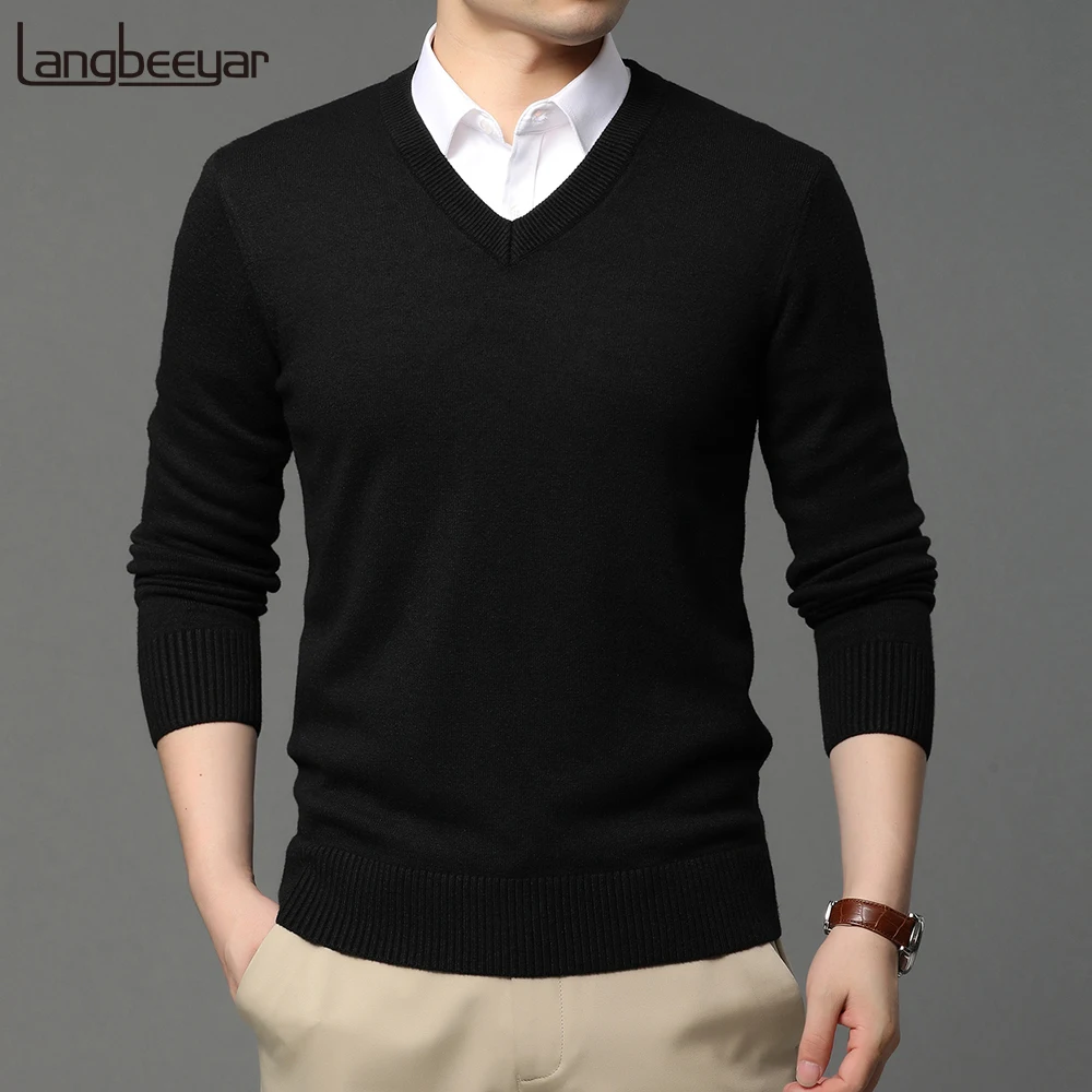 Top Trends: 2023 High Quality New Fashion Brand Woolen Knit Pullover V Neck Sweater Black For Men Autum Winter Casual Jumper Men Clothes Shoppable Styles