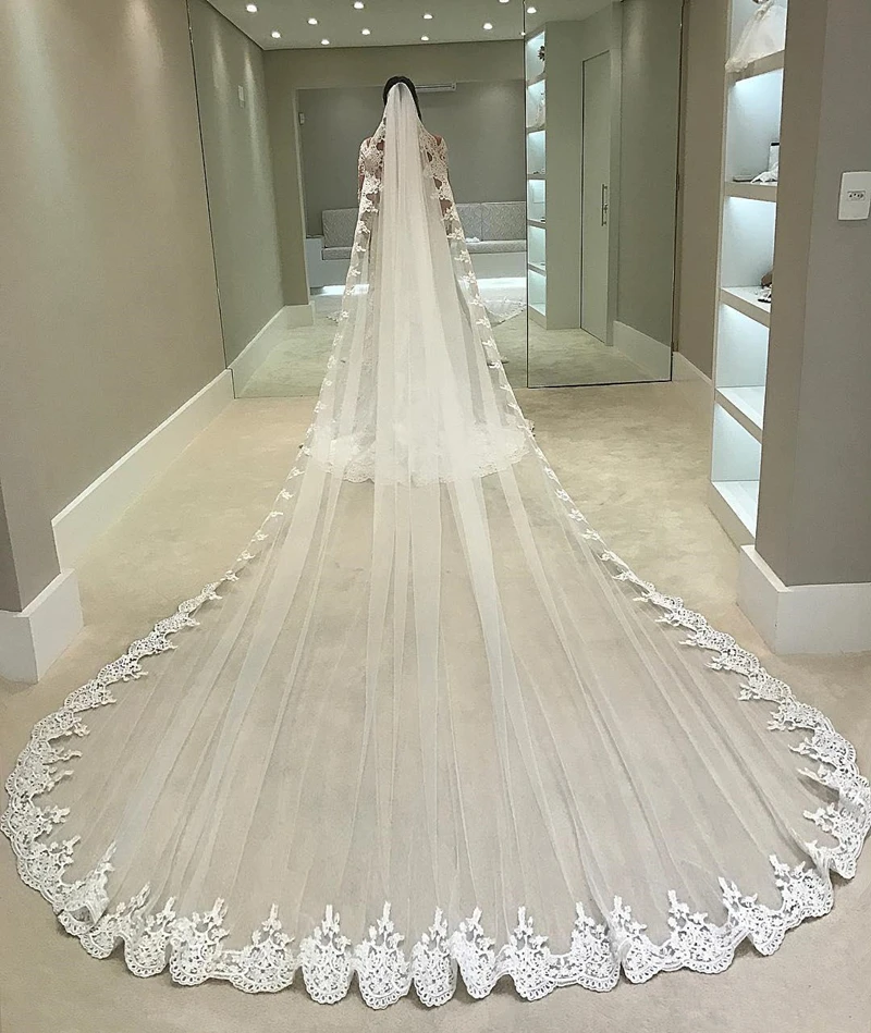 Top Trends: White Ivory 4 Meters Long Full Edge Lace Wedding Veil One Layer Tulle Bridal Veil With Comb Wedding Accessories Veu Velo Noiva Shoppable Styles