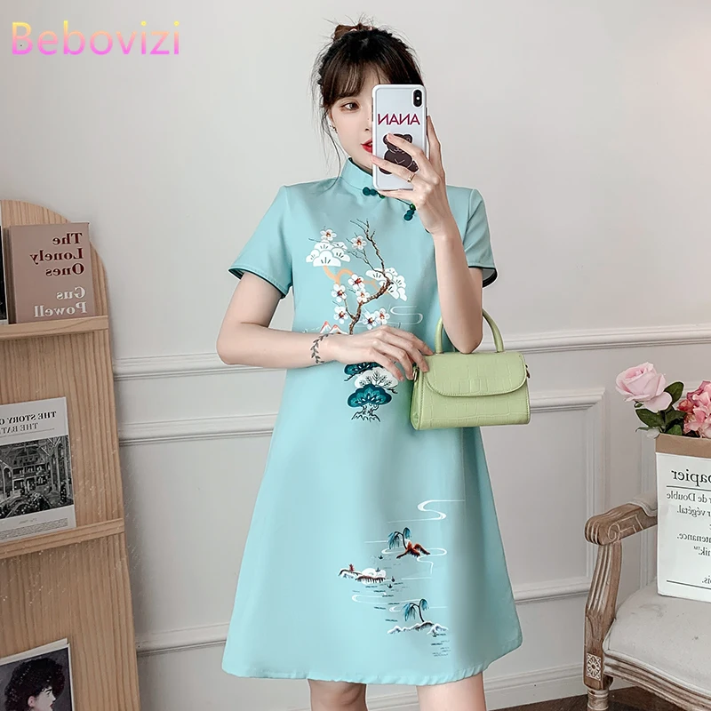 Top Trends: Plus Size M-4XL 2021 New Blue Loose Fashion Modern Cheongsam Dress Women Short Sleeve Qipao Traditional Chinese Style Clothes Shoppable Styles