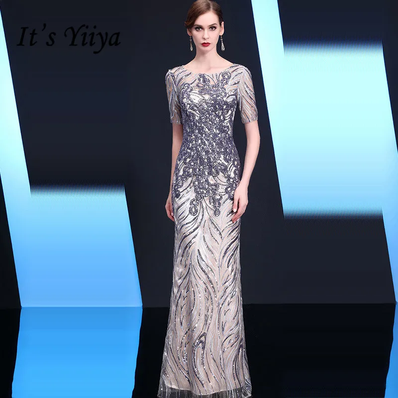 Top Trends: It's Yiiya Sequined Evening Gown Short Sleeve Illusion O-Neck Robe De Soiree K163 Straight Floor-Length Evening Dress 2020 Shoppable Styles