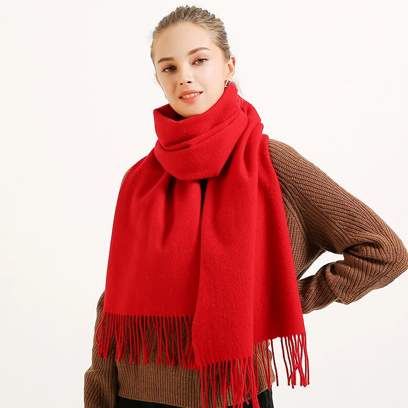 Top Trends: Winter 100% Pure Wool Scarf Women Solid Red Echarpe Wraps For Ladies Foulard Femme With Tassel Warm Merino Wool Scarves Cashmere Shoppable Styles - Image 2