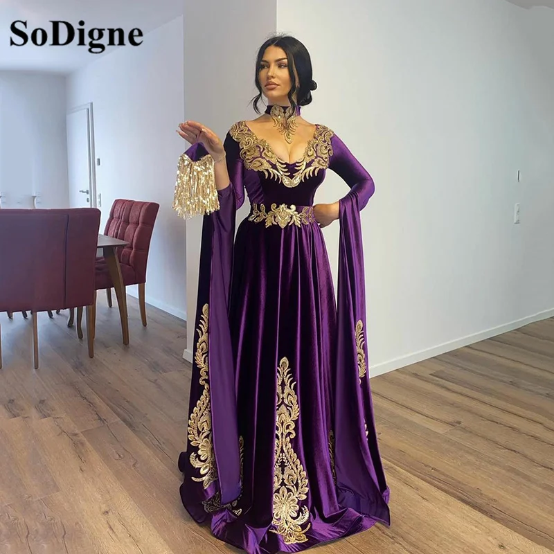 Top Trends: SoDigne Purple Caftan Evening Dresses Long Sleeves Prom Dress Evening Lace Appliques French Women Formal Party Dress Shoppable Styles