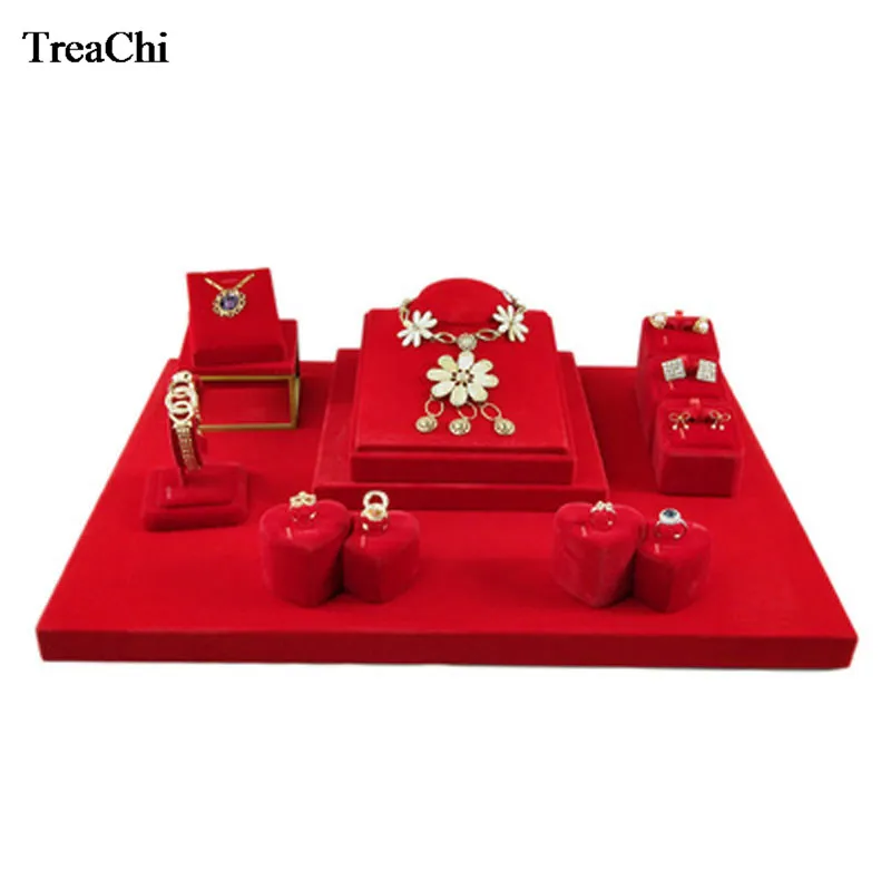 Top Trends: Red Velvet Jewelry Display Counter Showcase Wedding Festival Jewelry Ring Necklace Bracelet Organizer Storage Holder Stand Shoppable Styles