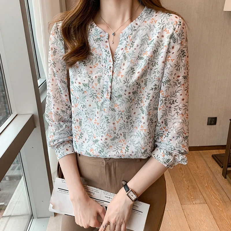 Top Trends: New Elegant Flower Printing Shirts For Ladies Fashion V-neck Women&#039;s Chiffon Blouses Spring Autumn Long Sleeve Tops Blusas Mujer Shoppable Styles