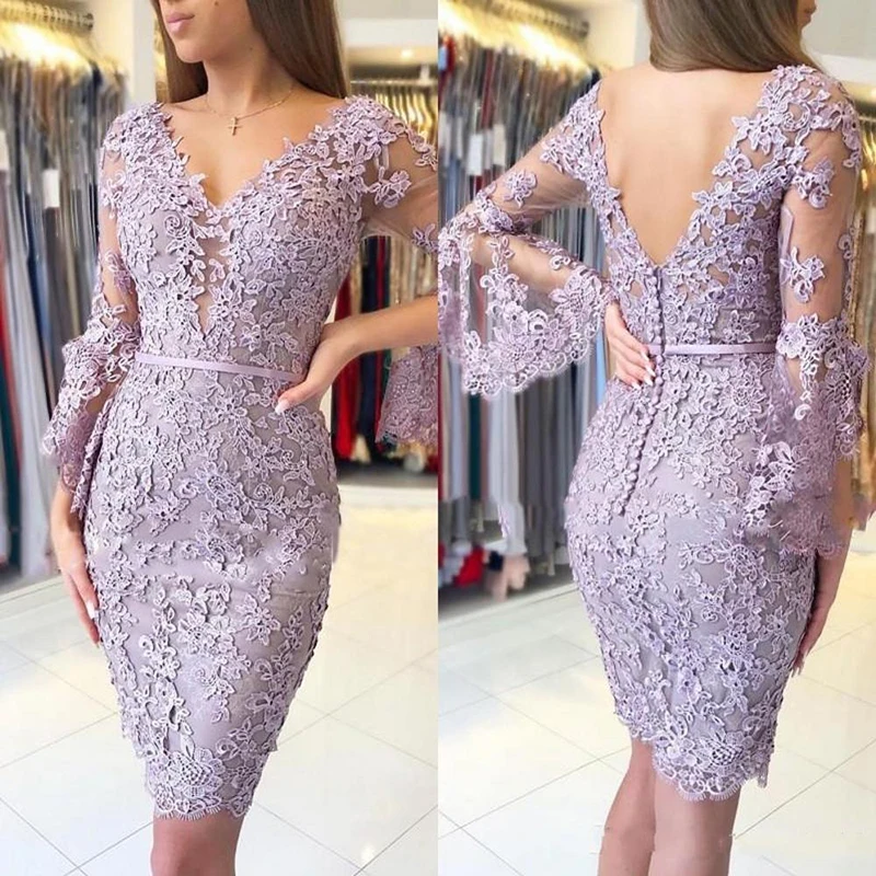 Top Trends: Hot Latest Charming Short Lavender Lace Applique Mother Of The Bride Dresses Long Sleeve V Neckline Wedding Guest Gowns Back Out Shoppable Styles