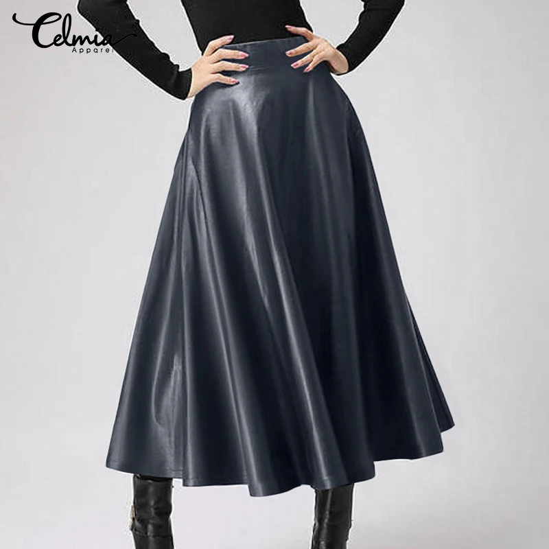 Top Trends: Leather Skirt Ladies Elegant Office Lady Skirt 2023 Celmia PU Solid Color Midi Skirts Party Skirt High Waist Skirt Shoppable Styles