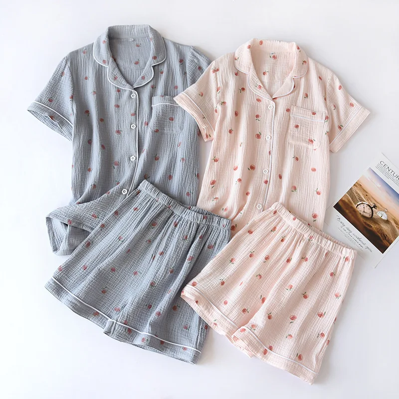 Top Trends: 2024 Summer Ladies Short-sleeved Shorts Pajamas Set 100% Cotton Crepe Cloth Thin Home Service Two-piece Spring And Autumn Loose Shoppable Styles