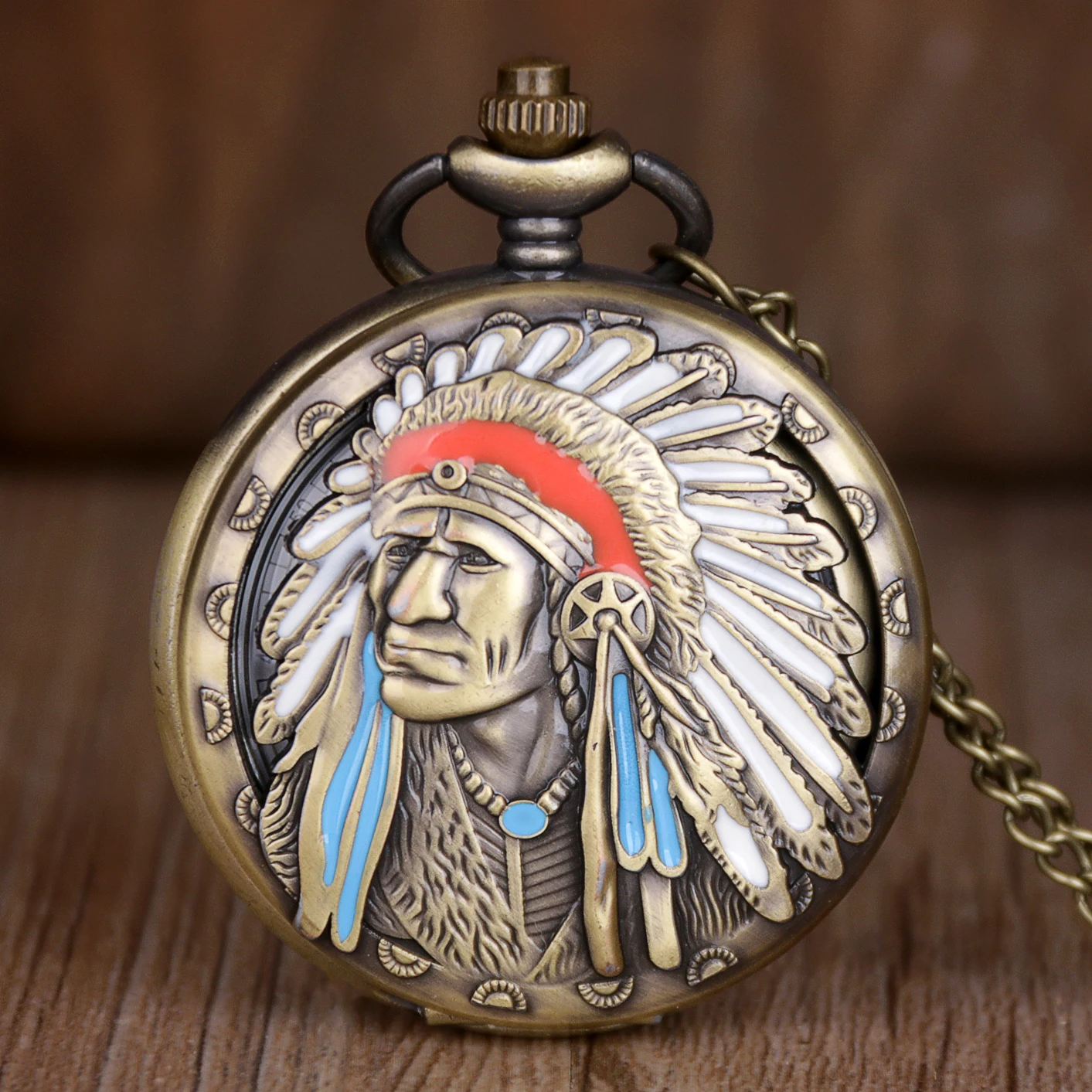 Top Trends: Best Sales Ancient Indian Old Man Colorful Portrait Design Quartz Fob Pocket Watch Bronze Pendant Necklace Chain Souvenir Gifts Shoppable Styles