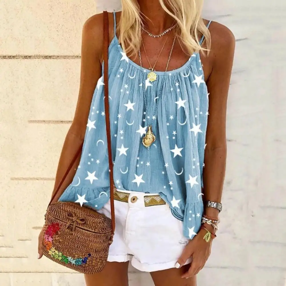 Top Trends: Women Camisole T-shirt Star Moon Print Spaghetti Strap Blouse U-neck Sleeveless Summer Vest Women Tops Oversized T-shirt Blusas Shoppable Styles