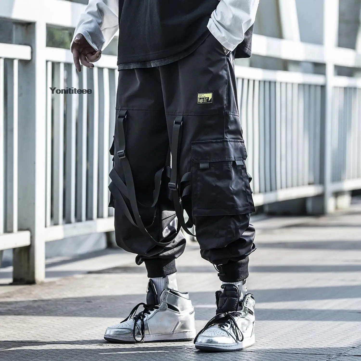 Top Trends: Men's Ribbon Straps Studded Techwear Jogger Punk Ankle Cargo Pants Black Shoppable Styles