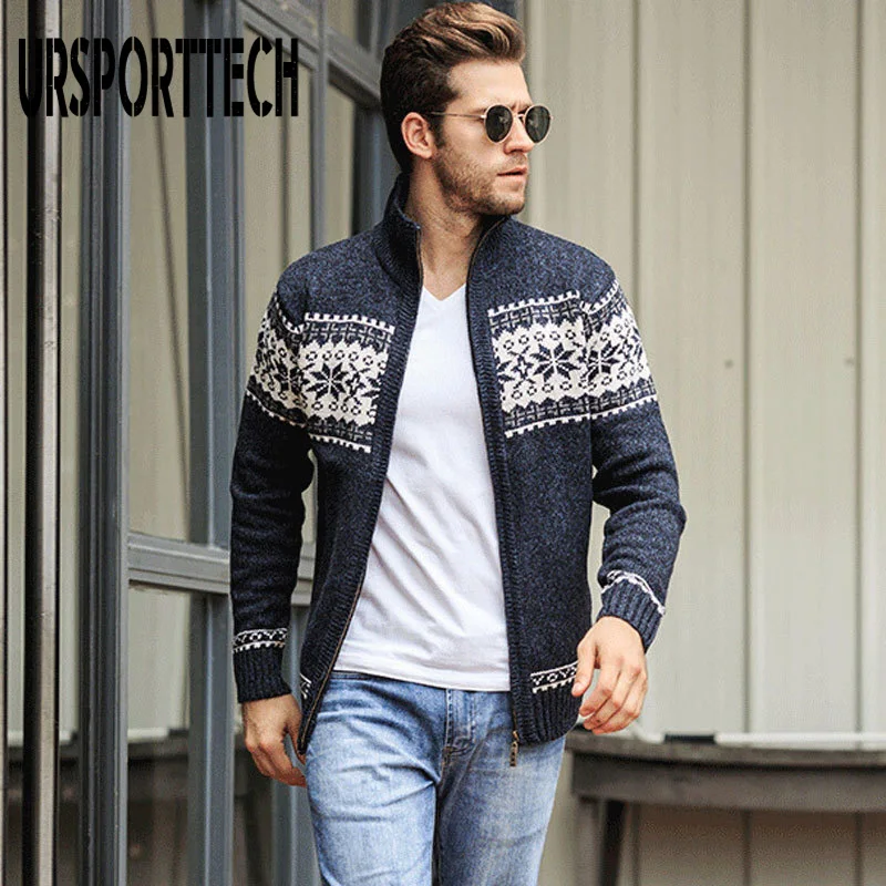 Top Trends: URSPORTTECH Autumn Winter Men&#039;s Jacquard Cardigan Sweater Stand Collar Loose Slim Fit Sweater Coat Plus Size Mens Casual Sweater Shoppable Styles