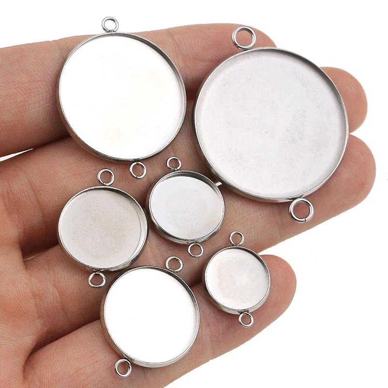 Top Trends: 20pcs / lot Fit 6 / 8 / 10 / 12 / 14 / 16 / 18 / 20 / 25 / 30mm Two Holes Hanging Stainless Steel Cameo Cabochon Base Setting For DIY Jewelry Making Shoppable Styles