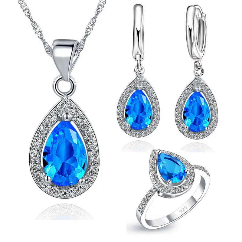 Top Trends: Free Ship Purple Jewelry Sets Water Drop Cubic Zirconia CZ Stone 925 Sterling Silver Earrings Necklaces Finger Rings Shoppable Styles