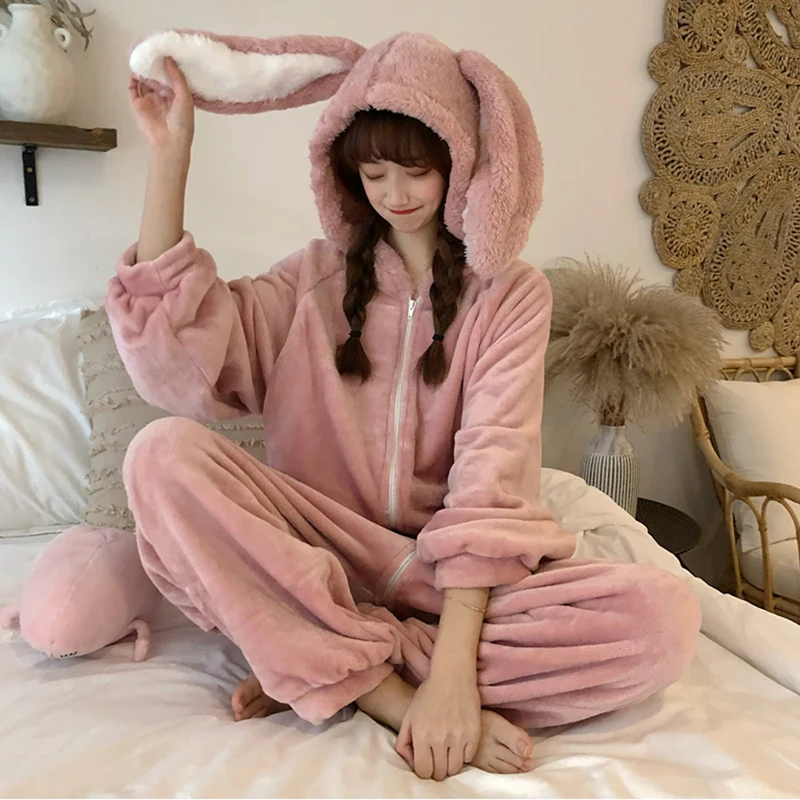 Top Trends: Warm One Piece Hooded Bunny Pajamas Jumpsuit Women Winter Fleece Kawaii Rabbit Ear Onesie Cosplay Sleepwear Adult Pink Overalls Shoppable Styles