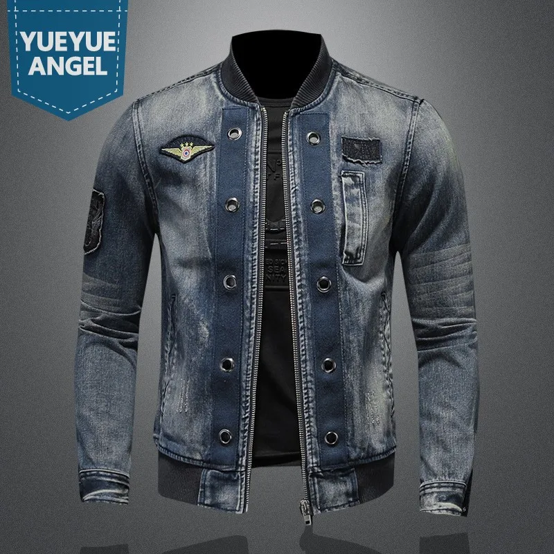 Top Trends: Men Vintage Stand Collar Pilot Coat Denim Bomber Jacket Plus Size 5XL Slim Fit Zipper Jean Outerwear Fashion Mens Biker Jackets Shoppable Styles