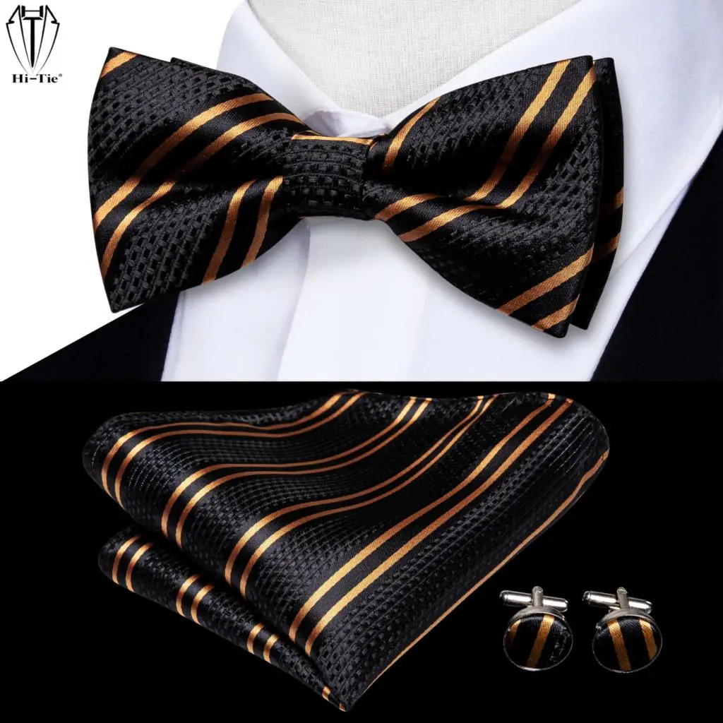 Top Trends: Hi-Tie Jacquard Silk Black Gold Striped Mens Bowtie Adult Bow Tie Hankerchief Cufflinks Set Pre-tied Men Butterfly Bowknot Gift Shoppable Styles