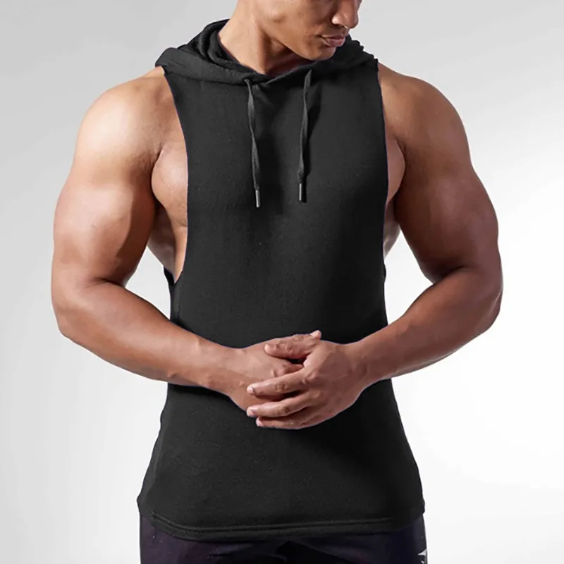 Top Trends: European And American Large Size Muscle Men&#039;s Fitness Sports 100 Cotton Solid Color Sleeveless Sweater Vest Hooded Hat Rope Shoppable Styles