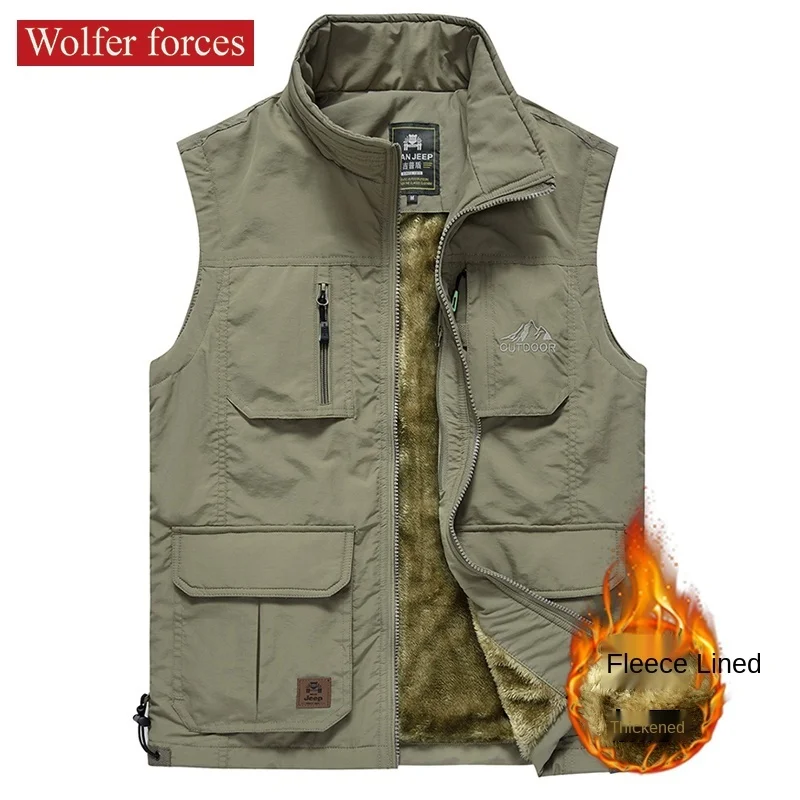 Top Trends: Multi Pocket Outdoor Vest Men's Winter Jacket Plus Velvet Coat High Neck Thickened Large Size Warm Vest Camping Mountaineering Shoppable Styles