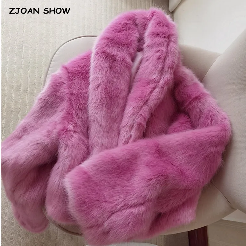 Top Trends: 2021 Winter Women Shawl Color Lapel Short Faux Fox Fur Jackets Warm Rose Pink Soft Hairy Shaggy High Waist Coat Party Outerwear Shoppable Styles