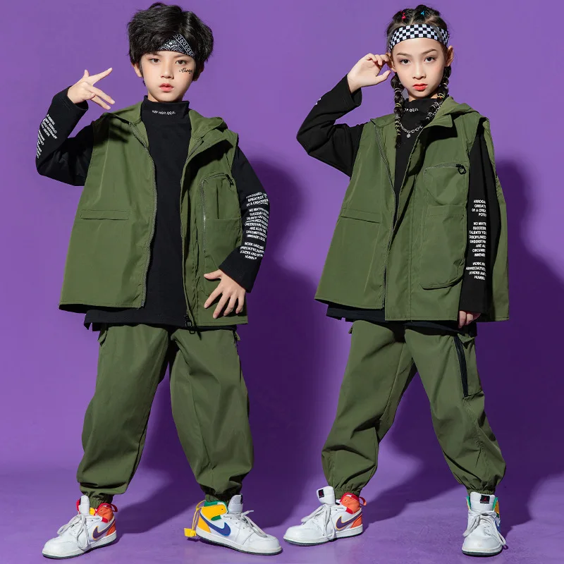 Top Trends: Kid Hip Hop Clothing Army Green Sleeveless Jacket Hoodie Top Streetwear Tactical Cargo Jogger Pants For Girls Boys Dance Costume Shoppable Styles