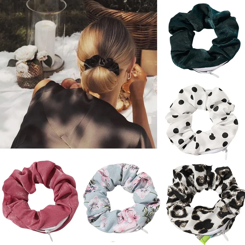 Top Trends: Woman Hidden Packet Zipper Scrunchies Chffion Dot Hair Ties With Pouch Hair Accessories Hair Rope Headwear Elastic Hairband Shoppable Styles