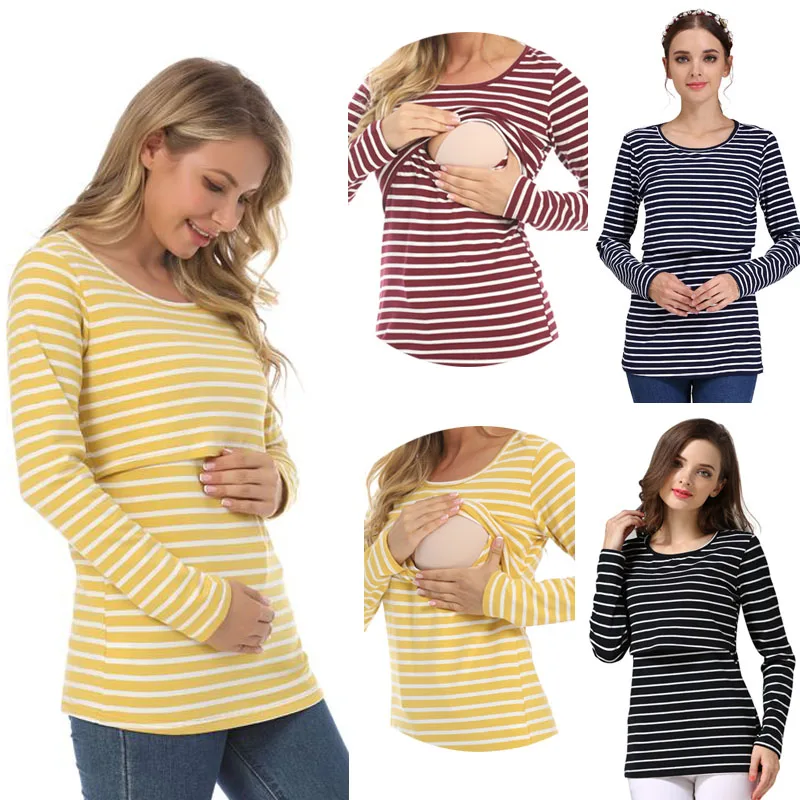 Top Trends: Striped Maternity T-shirts Long Sleeve Nursing Breastfeeding Clothes For Pregnant Women Cotton Postpartum Tees Shoppable Styles