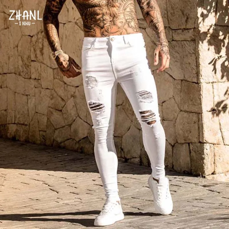 Top Trends: Fashion White Elastic Skinny Pants Man Ripped Jeans Male Streetwear Vintage Wash Solid Denim Trouser Mens Casual Slim Fit Pants Shoppable Styles